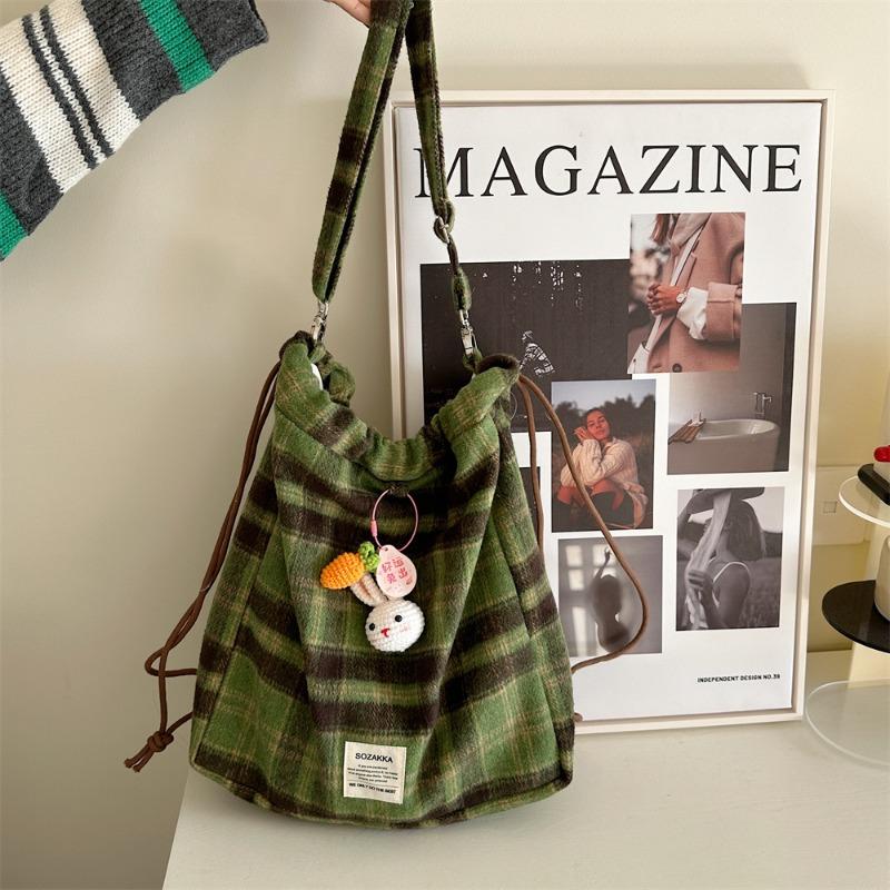 11 College woolen plaid drawstring backpack messenger bag large capacity shopping shoulder bag women