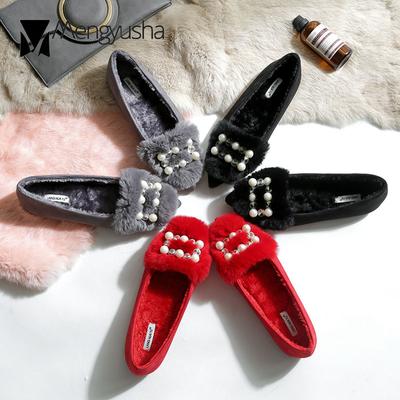 Mode Luxus Perle Pelz Ballerinas Damen Kristall Perlen Schnalle Flache Schuhe Frau Spitzschuh Slipper Damen Plüsch Winterschuhe c846