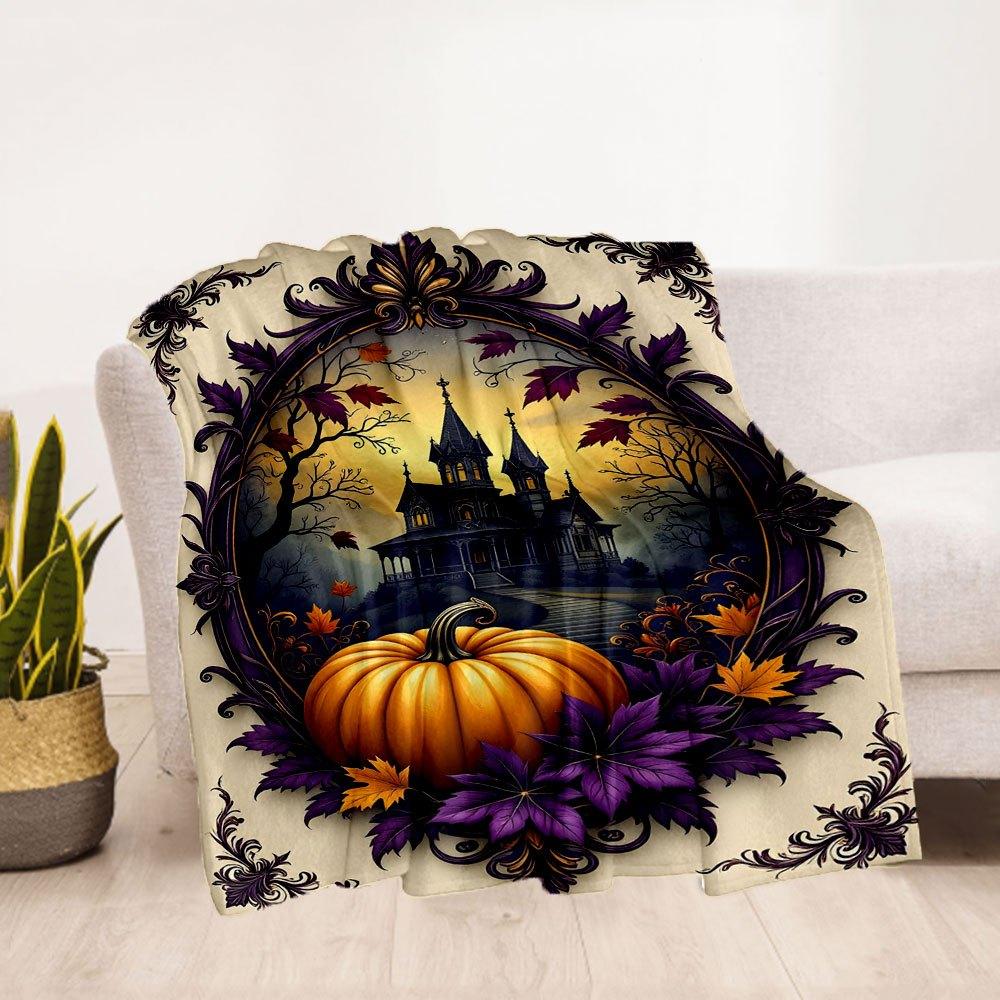 Halloween Haunted House with Pumpkin and LeavesBlanket Flannel Throw Blanket for Sofa, Bed, Travel, Camping, Office, Couch, Chair