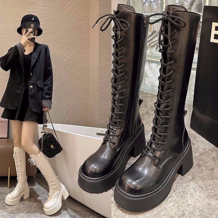 Thick-soled heightening boots women's 2025 autumn and winter new thick-soled lace-up elastic boots retro knight boots black boots
