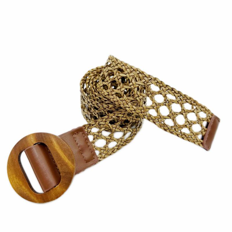 European Retro Colorful Woven Round Wood Buckle Leather Belt with Flowing Ribbon - Versatile Women's Waist Decoration