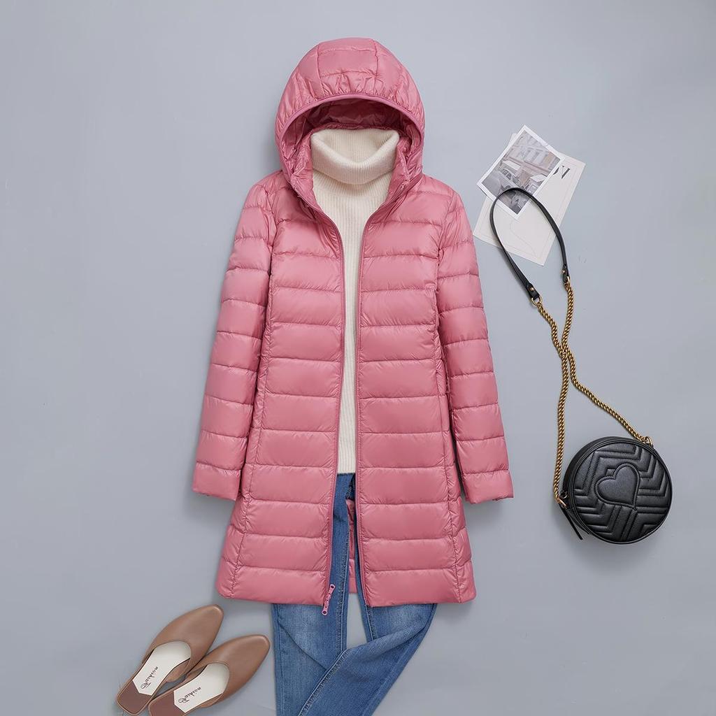 FASHION Lett dunjakke, middels lang, fet, ekstra størrelse, avtagbar hette for kvinner Lett ultratynn jakke tidevannsklær