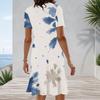 Women Plus Size Blue White Printed Round Neck Short Sleeve A Line Midi Dress