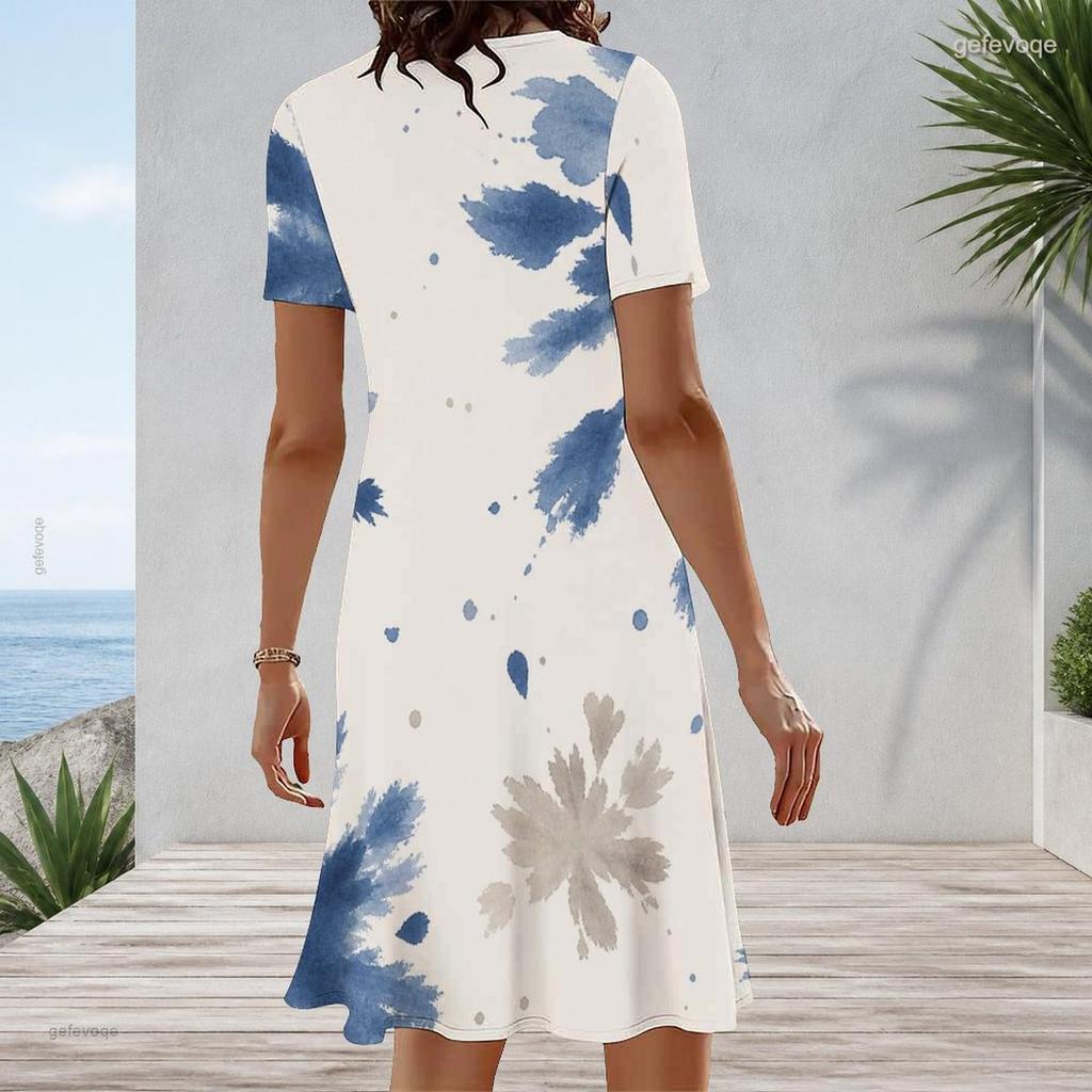 Women Plus Size Blue White Printed Round Neck Short Sleeve A Line Midi Dress