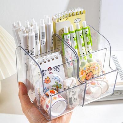 Plastic Pen Holder Transparent Square Pen Container Multifunctional Large Capacity Stationery Storage Bucket Student Gift
