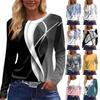 Women's Fashion Casual Slit Hem Round Neck Long Sleeve Loose Printed T-Shirt Ladies Top