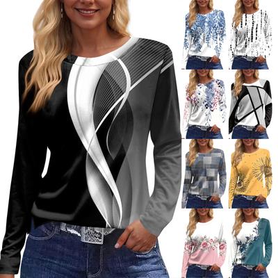 Women's Fashion Casual Slit Hem Round Neck Long Sleeve Loose Printed T-Shirt Ladies Top