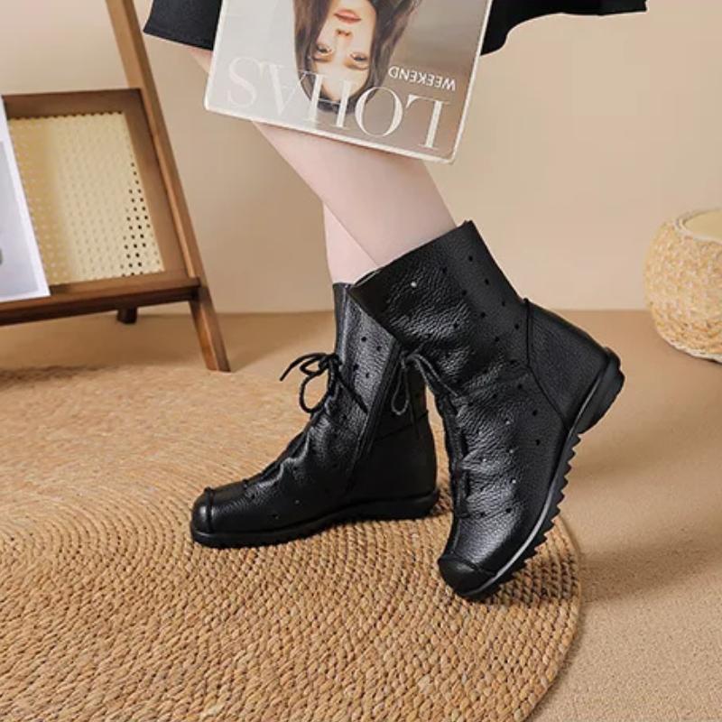 Johnature Hollow-out Breathable Mid-calf Summer Boots Comfortable Soft Soled Genuine Leather Women's Shoes