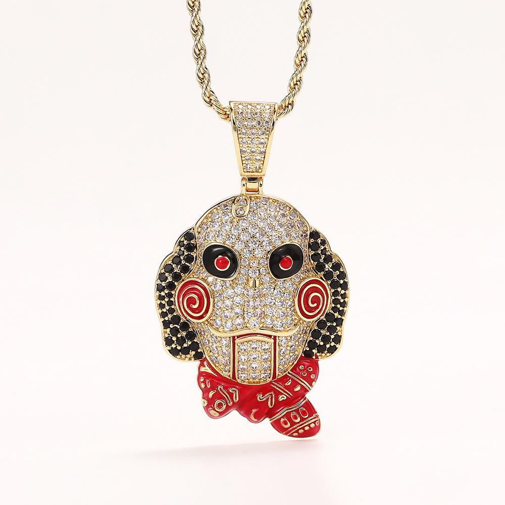 Horror Inspired Puppet Pendant Necklace Sparkling Multicolor Stone Hip Hop Statement Jewelry for Men Women