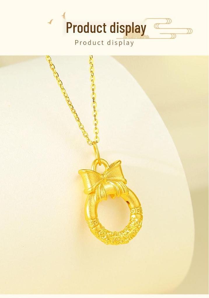 5D Pure Gold Butterfly Bow Knot Auspicious Clouds Qiankun Cudgel Princess Peace Buckle Necklace