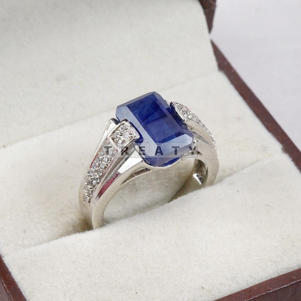 Blue Sapphire Emerald Cut Gemstone With 925 Sterling Silver Ring For Men's #B735 JL375692813193
