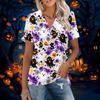 Womens Casual V Neck Short Sleeve Halloween Print Polo Shirt Loose Fit Lightweight Top for Everyday Wear