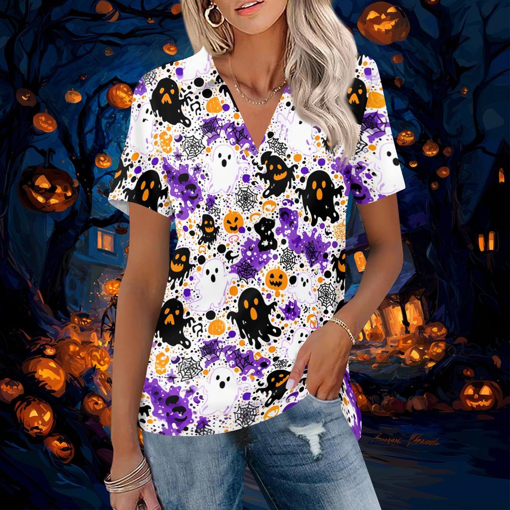 Womens Casual V Neck Short Sleeve Halloween Print Polo Shirt Loose Fit Lightweight Top for Everyday Wear