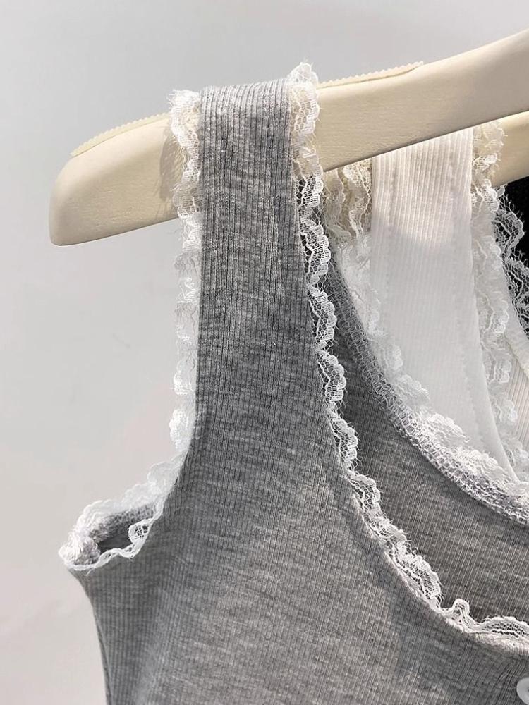 Koronkowe wykończenie, gładki prążkowany top na ramiączkach dla kobiet, wiosenny, zapinany na guziki, dekolt U, bez rękawów, dopasowany, prosty bawełniany podstawowy podkoszulek, słodkie topy Y2k