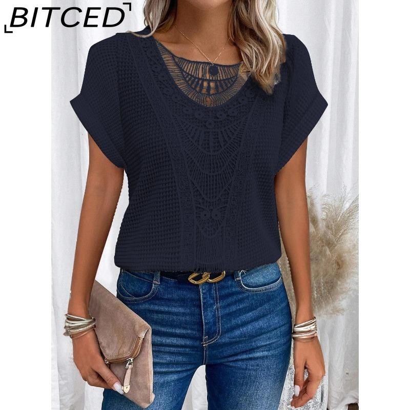 BITCED Women's Spring/Summer Lace-Patchwork Short-Sleeve T-Shirt
