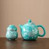 Silver Peony Dragon Tea Set: Ceramic Teapot with Gourd Pair Cups for Kung Fu Tea Ceremony.
