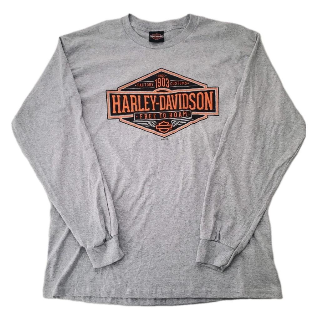 Helt Ny Seneste Model Harley-Davidson Herre Langærmet T-shirt, Grå Hvid Sort Farveblok med Logo Print, Rund Hals Smal Pasform Moto Stil