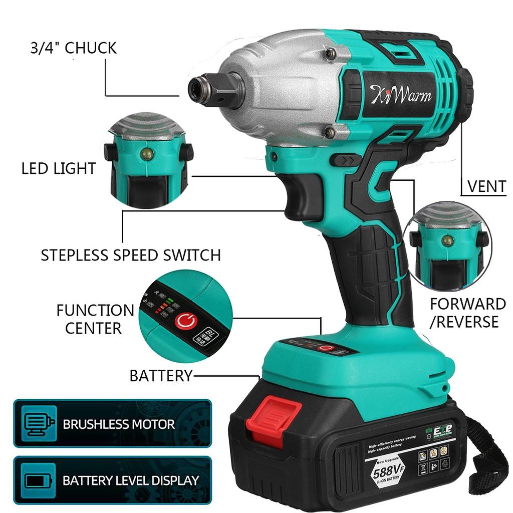 588vf 22800Amh 520N.M Torque Brushless Cordless Electric Impact Wrench Power Tools 2 Lithium-Ion Battery for Makita 18V Battery