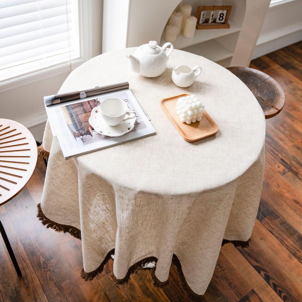 Imanqiyun Khaki Tassel Tablecloth - American Country Linen Blend Rectangular