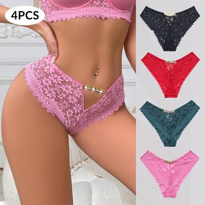 4Pcs/set Women Floral Lace Glittery Rhinestone Triangle Panties Sexy Thong S M L XL Briefs