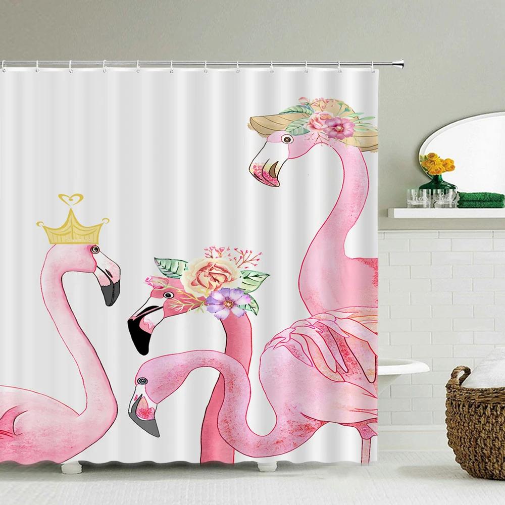 Tropical Plant Flamingo Shower Curtains Green Leaves Waterproof Polyester Fabric Home Decoration Bath Screen Bathroom Accessorie