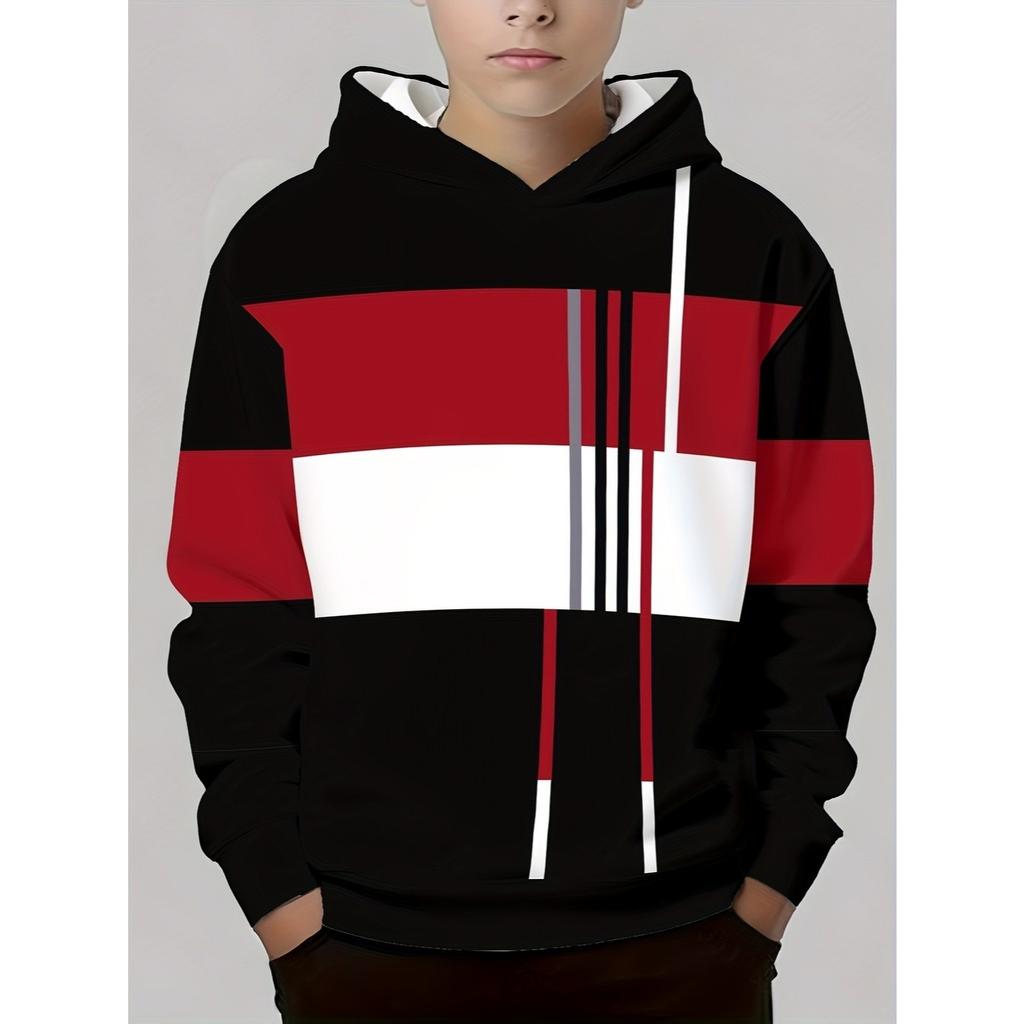 Trendy cool red black and white contrasting digital printed hooded sweatshirt for streetwear men