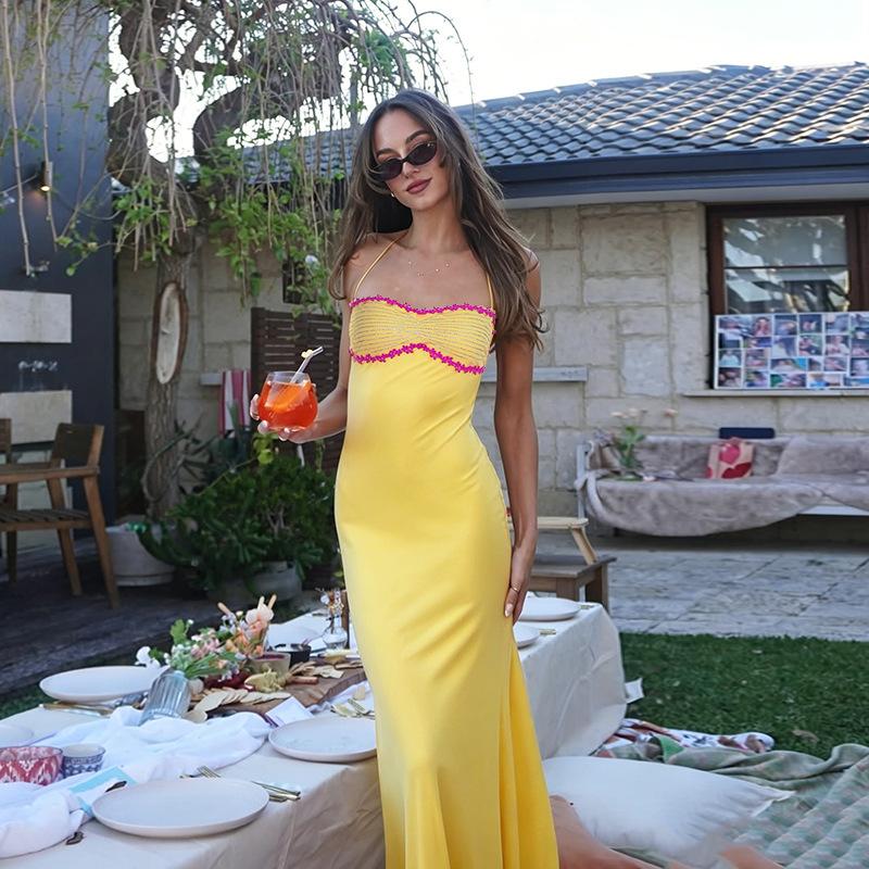 Summer new Spice Girl dress sexy slim French holiday style tube top XS жёлтый