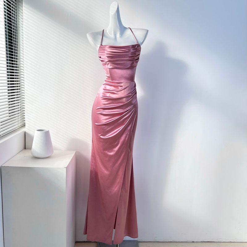 

Cross-Border Slim-Fit Heeled Collar Mop Dress Evening Dress Pink M