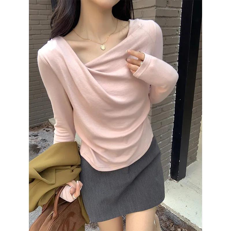 Spring and Autumn Gentle Style Slim Long Sleeve T-Shirt Women s Irregular Twist Slim Top S