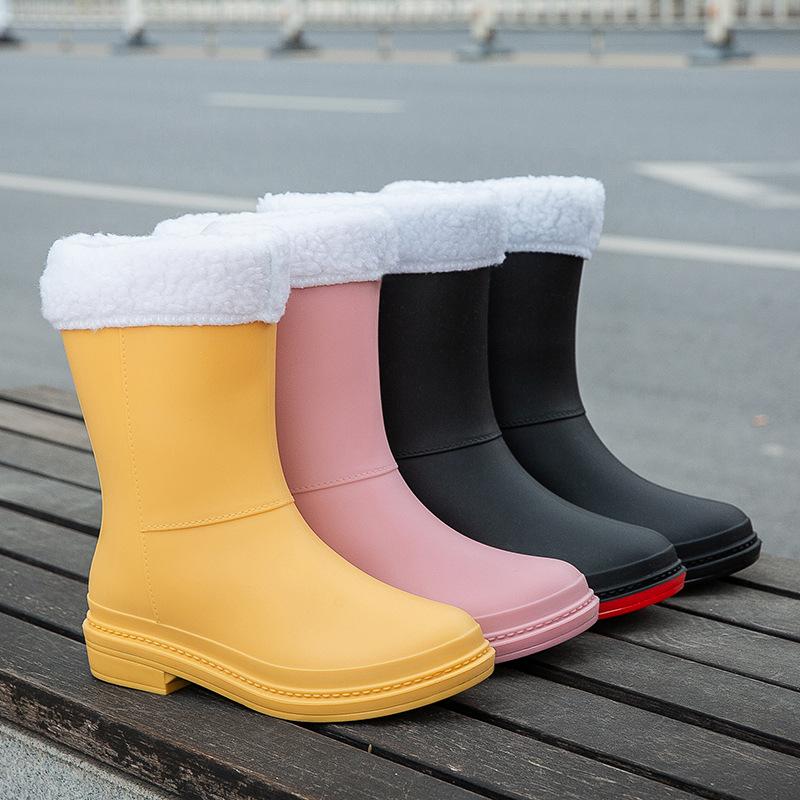 Nové dámské hřejivé holínky módní vodní boty nepromokavé zimní kotníkové boty holínky středně vysoké jednobarevné kotníkové boty