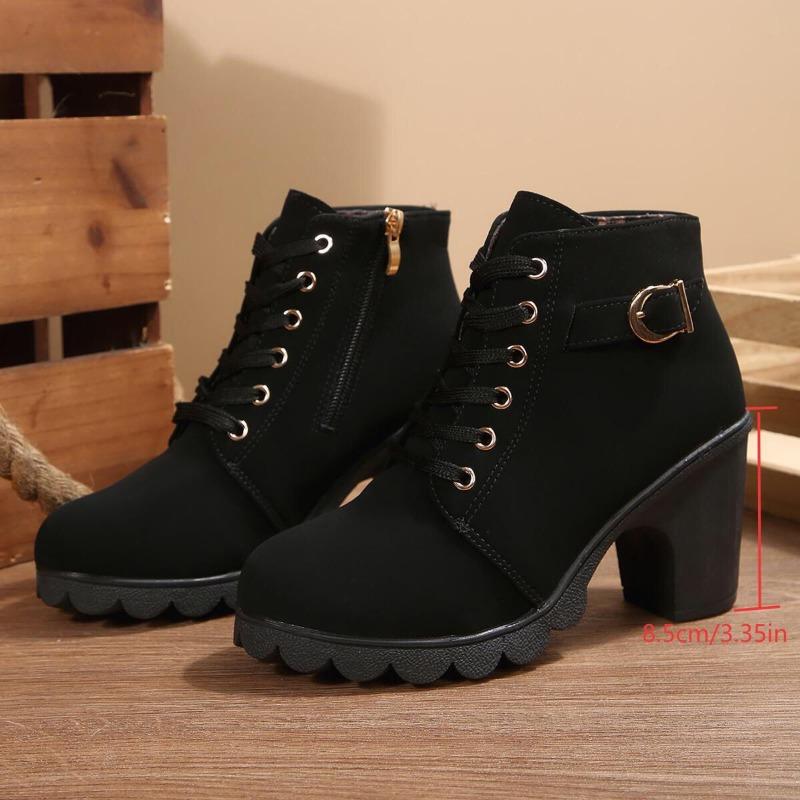 Large Size Autumn and Winter New High-heeled Women's Boots Cross-strapped Short Boots Thick-heeled Martin Boots Leather Boots Women