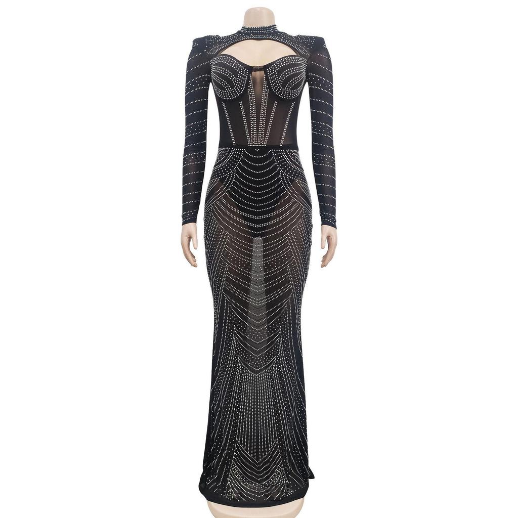 V-neck Long Sleeve Mesh Dress with Hot Drill Accents