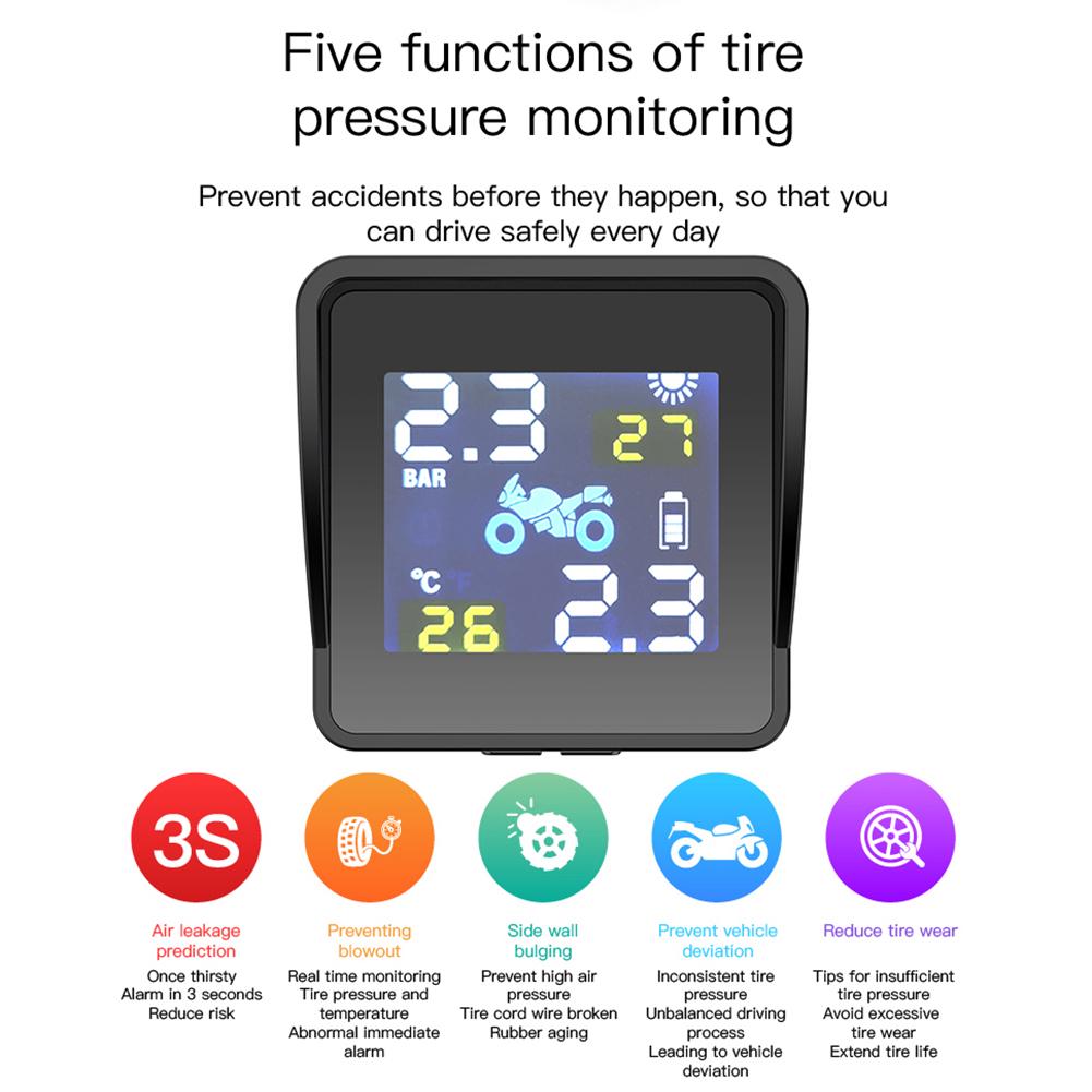 TPMS Solar Charging Motorcycle TPMS Motor Tire Pressure Tyre Temperature Monitoring Alarm System with 2 External Sensors
