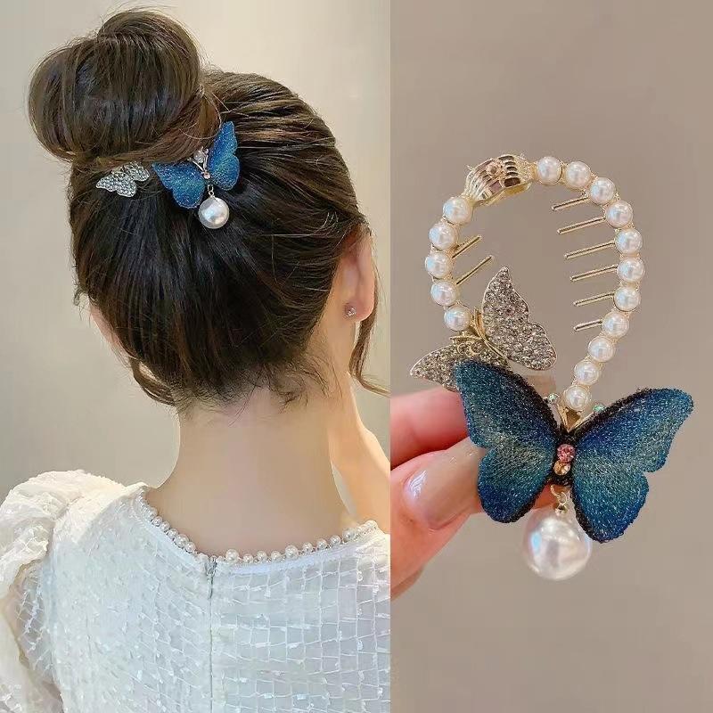 New Pearl Tassel Rhinestone Luxury Fish Wings Rabbit Ear Round Hair Claw For Girl Woman Temperament Designer Hair Clips