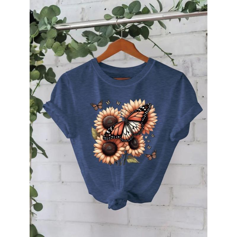 Summer New Short-sleeved Fashion T-shirts Featuring Sunflowers and Butterflies