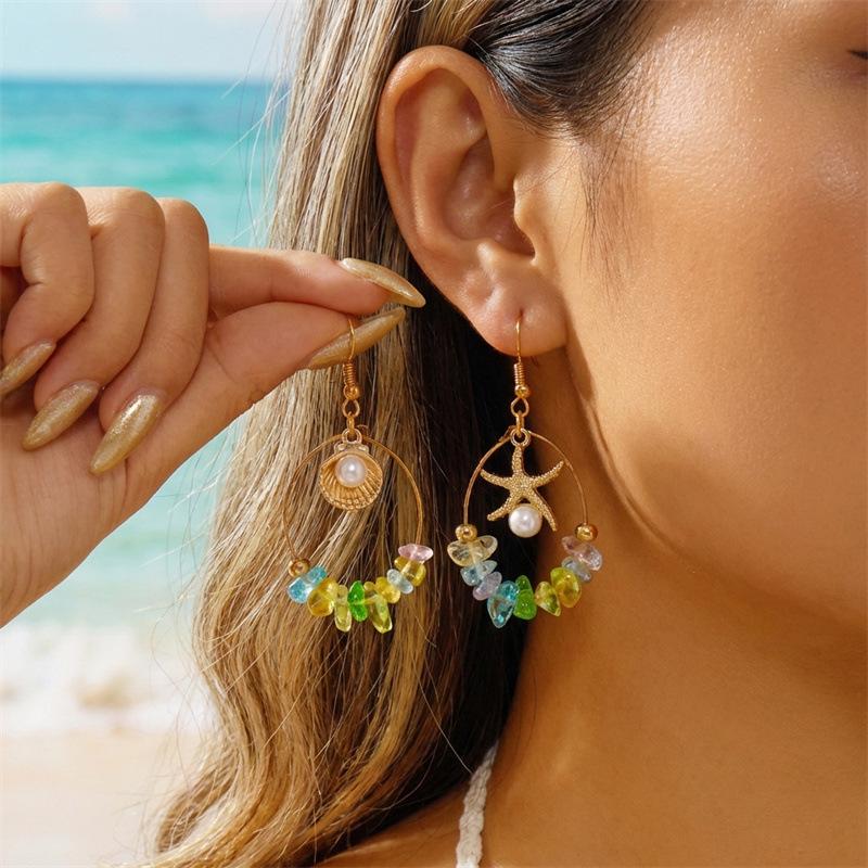 Asymmetrical starfish shell colorful gravel large circle earrings, summer dopamine sweet vacation wind beach earrings