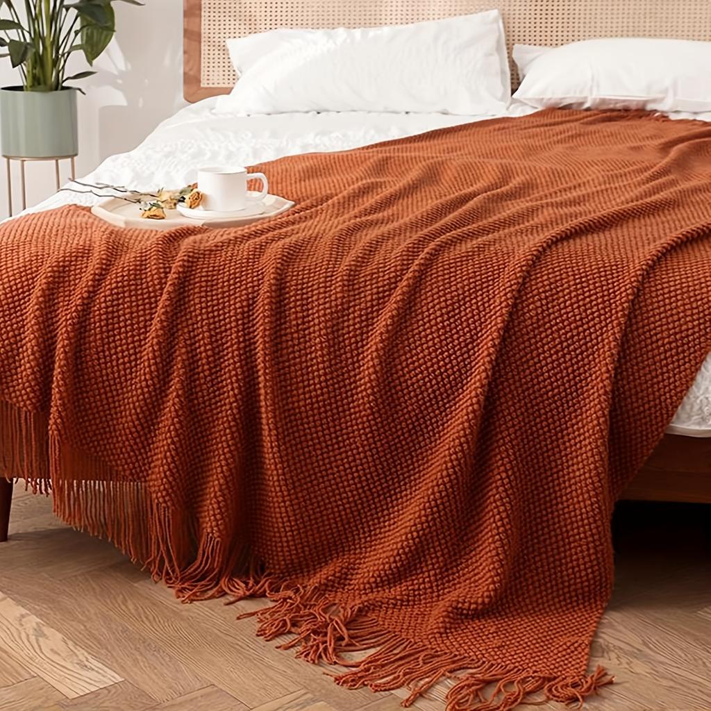 1pc Cozy Morandi Orange Tassel Soft Knitted Throw Blanket - Warm, Lightweight, and Plush for Snuggling Up on Couch, Sofa