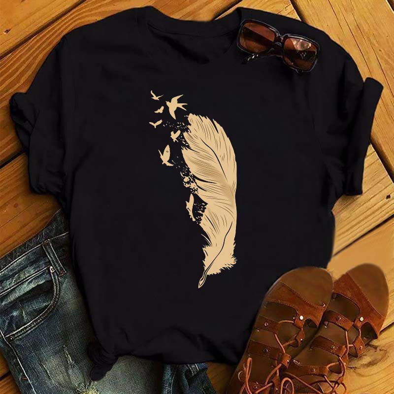 Fashion Women T Shirt Funny Butterfly Feather Print Tshirt T Shirt Summer Short Sleeve Tops Tee Female Feather T-shirts