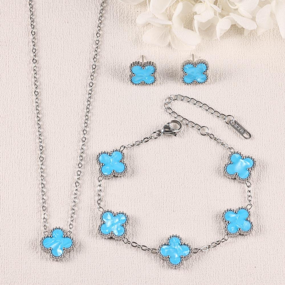 Four-leaf Clover Three-piece Necklace Bracelet and Earring Set - A Luxurious and Colorful Fashion Accessory Set