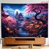 Japanese Temple with Cherry Blossoms and Full Moon Tapestry 180x280cm Wall Decor Aesthetic Room Decor