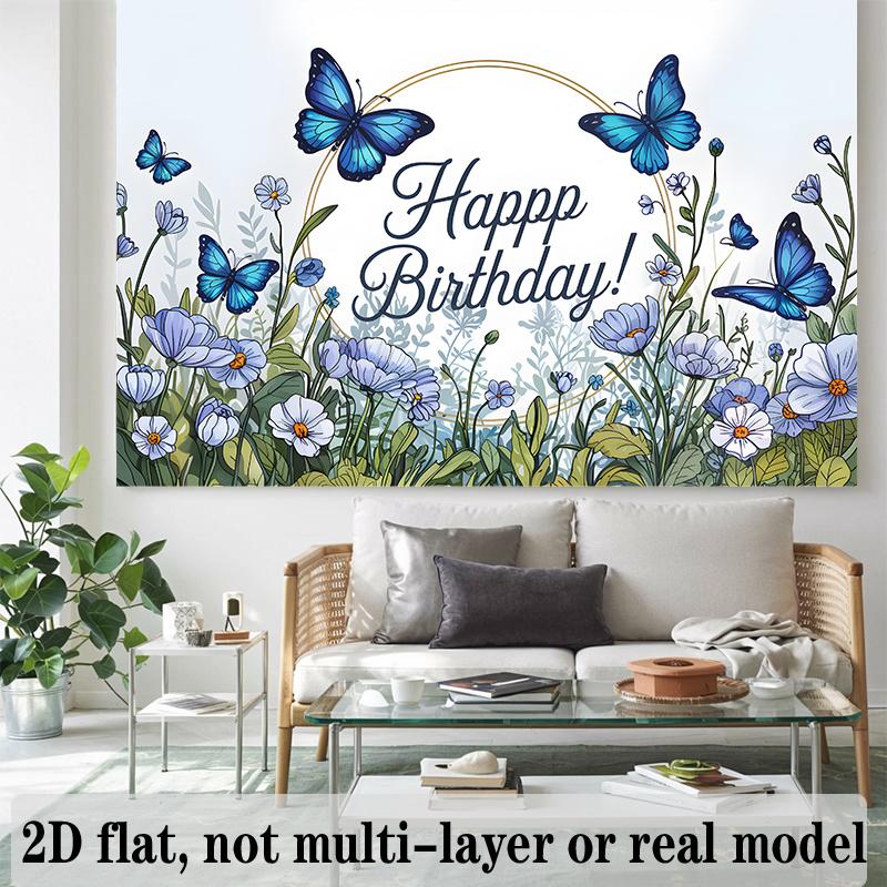 Blue Floral Birthday Banner, Multicolor Wall Hanging Photo Backdrop for Party