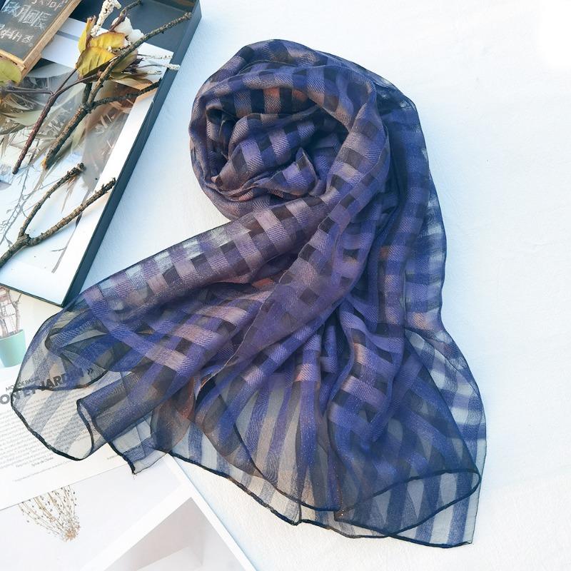 New Checkered Silk Scarf for Women, Solid Color Sunscreen Shawl Gold Thread Mulberry Silk Scarf for Women