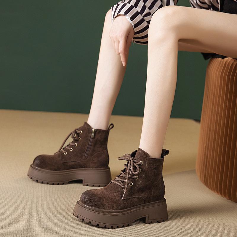 Fashion thick-soled heightening Martin boots women's 2025 autumn new retro thin polished short boots lace-up rhubarb boots