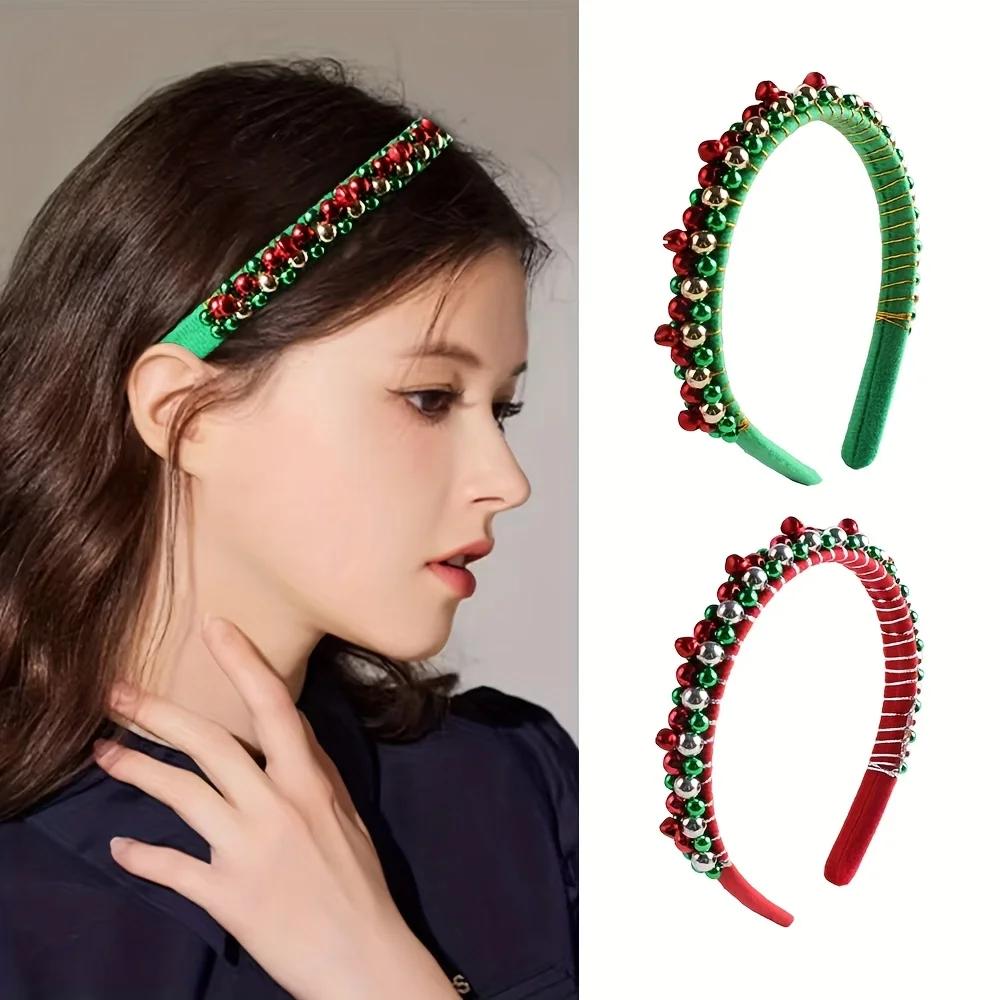 Red Green Christmas Headband Women's Simple Thin Edges Flannel Jingling Bell Beaded Winding Festival New Year Hair Accessories
