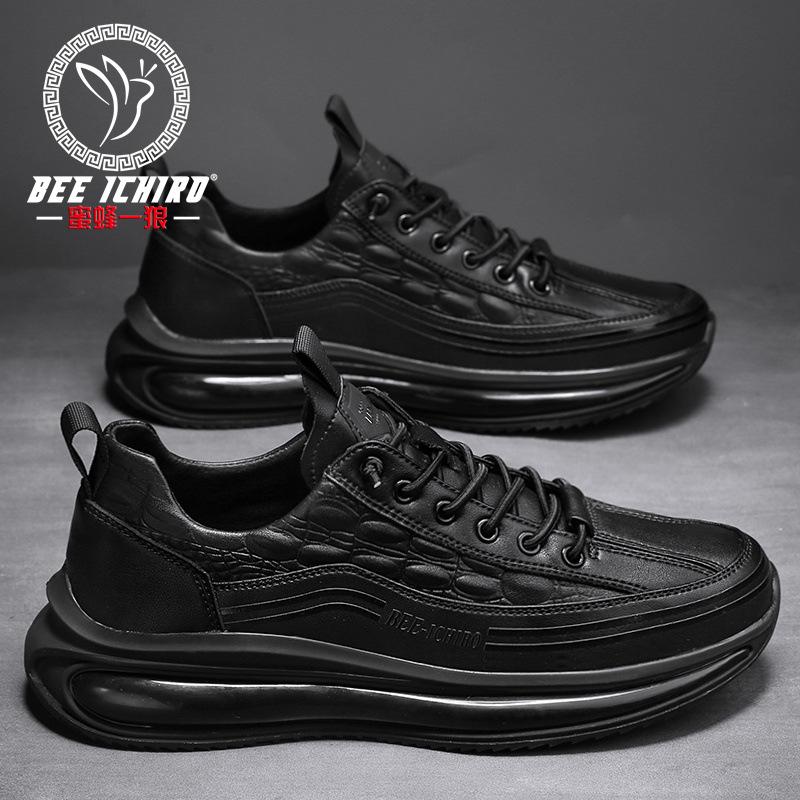 Leather Cotton Shoes Trendy Men's Shoes Spring and Autumn Crocodile Pattern Popcorn Dad Sneakers Black Shoes