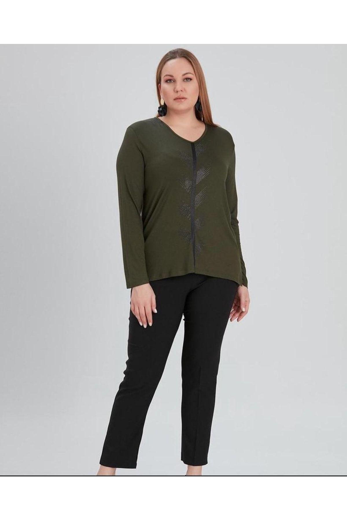 

Женская стильная футболка большого размера с длинным рукавом, футболка цвета хаки с камнем