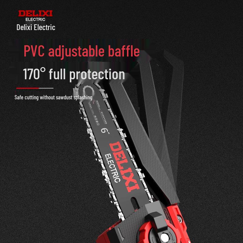 Delixi Cordless Brushless Electric Chainsaw: High-Power, Handheld Lithium Battery Saw for Home Tree Cutting.