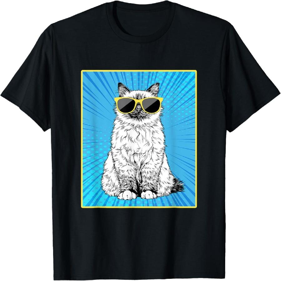 Birman Cat Portrait Pop Art Cat with Sunglasses T-Shirt S