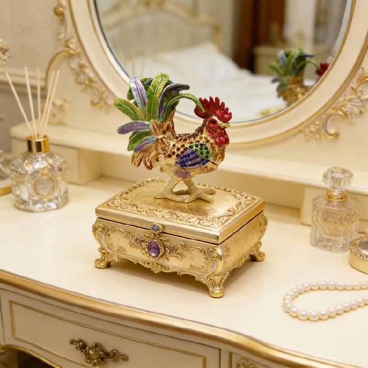 Premium Alloy Rooster Figurine Box With Enamel Finish For Safekeeping Valuables And Gifts Jewelry Organiser