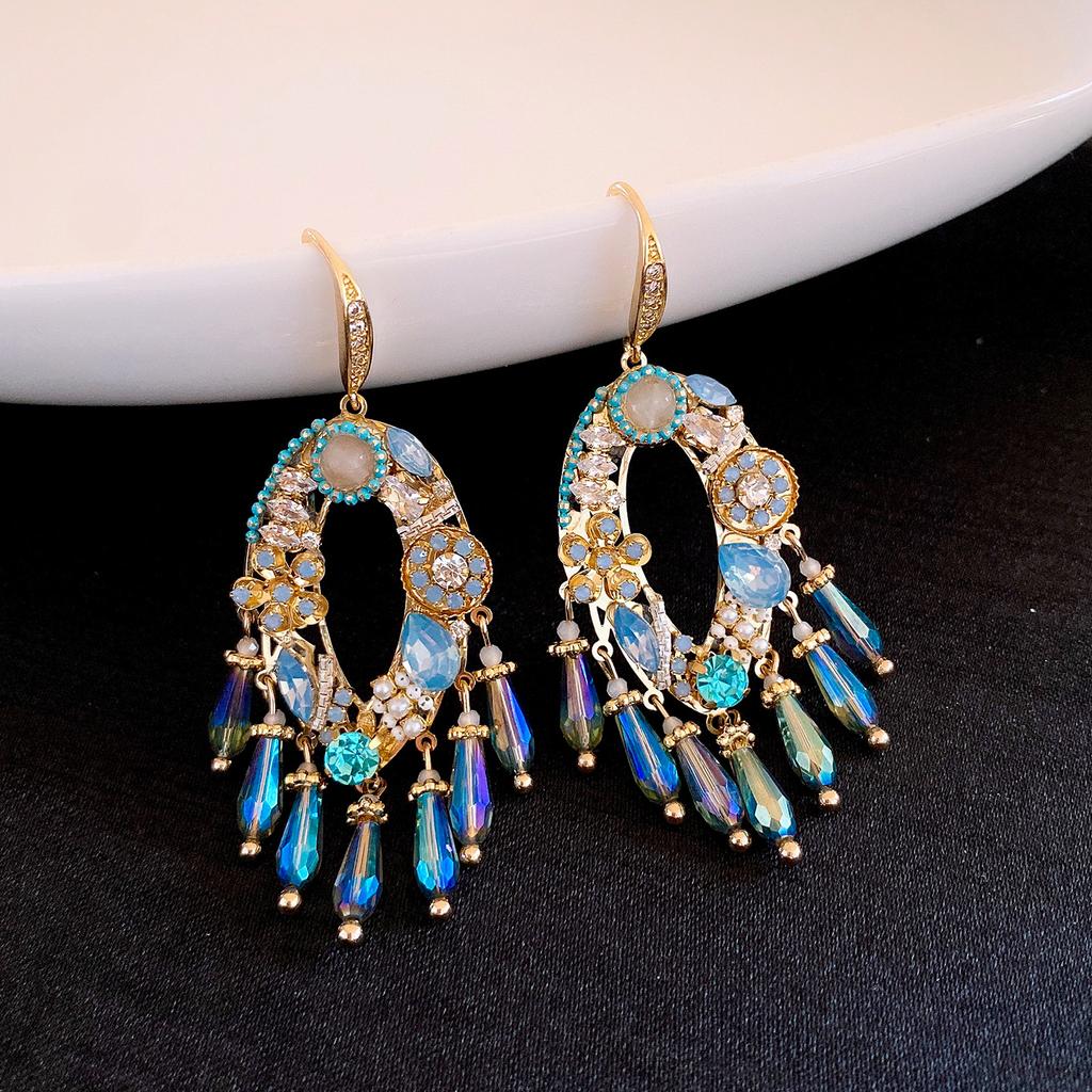 Fashionable Crystal Flower Tassel Earrings with Embedded Diamonds Women's Elegant Vintage Feel Holiday Style Jewelry